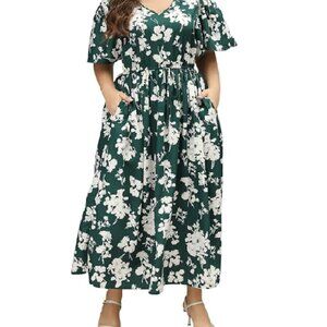 Summer Sundress Boho Maxi Dress Floral Print Flared Pockets Green White Sz 24